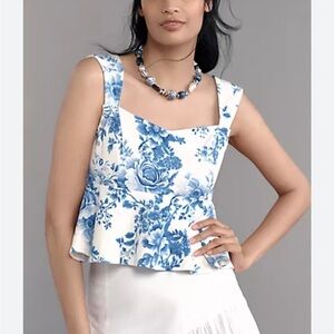 Anthropologie Maeve Square Neck Peplum Tank Top Blue White Pattern Sz L NEW